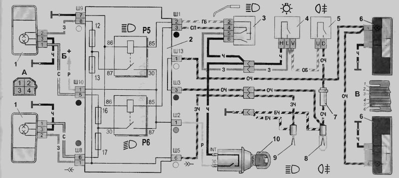 Схема освещения ваз 2105